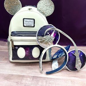 Disney Loungefly Main Attraction Space Mountain Backpack 50th & Matching Ears